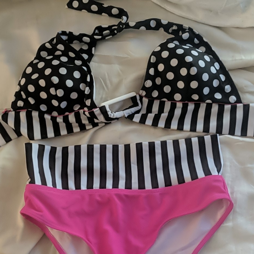 Polka Dot & Striped Pink Bikini Set
